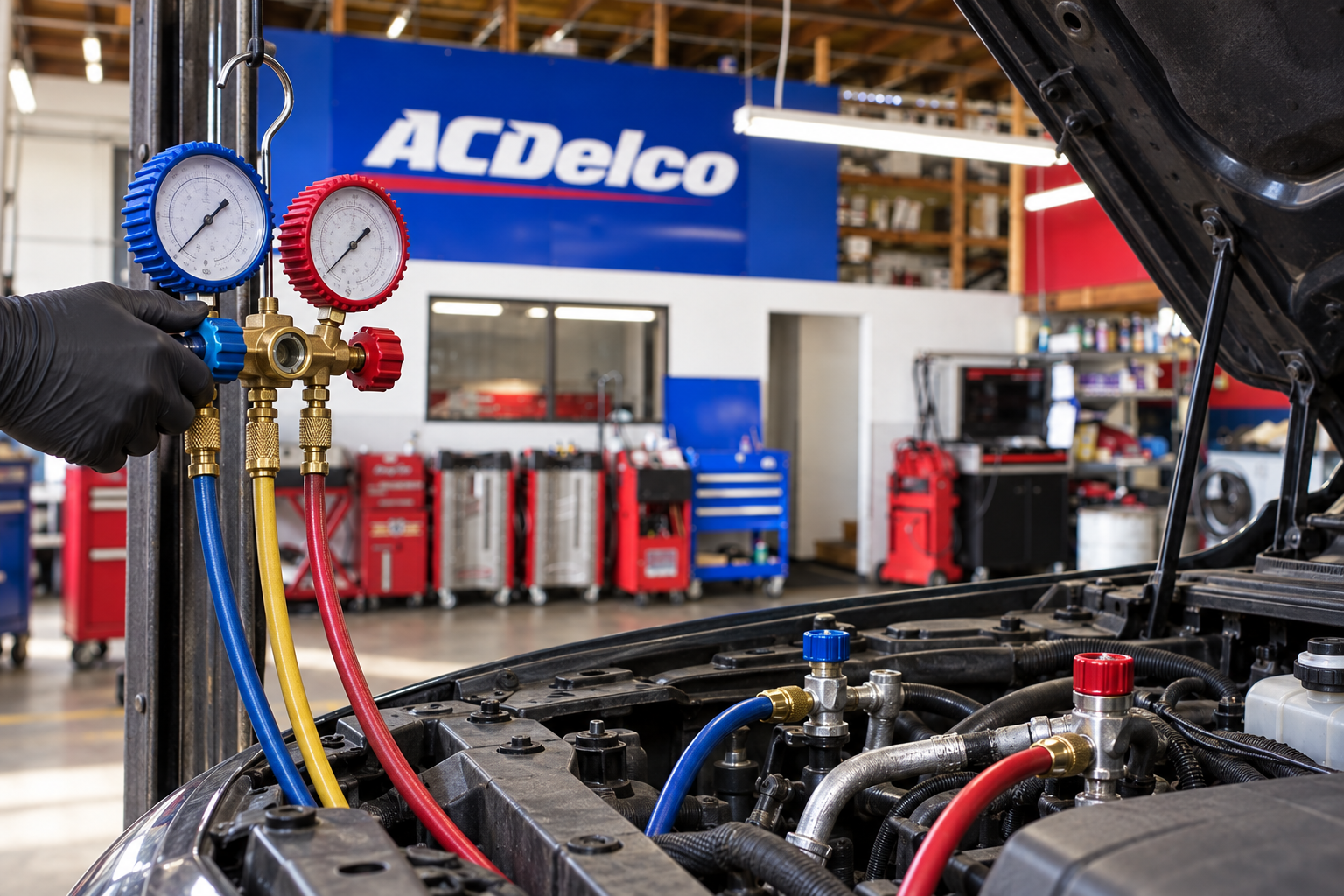 Automotive air conditioning service gauges beside an open engine bay