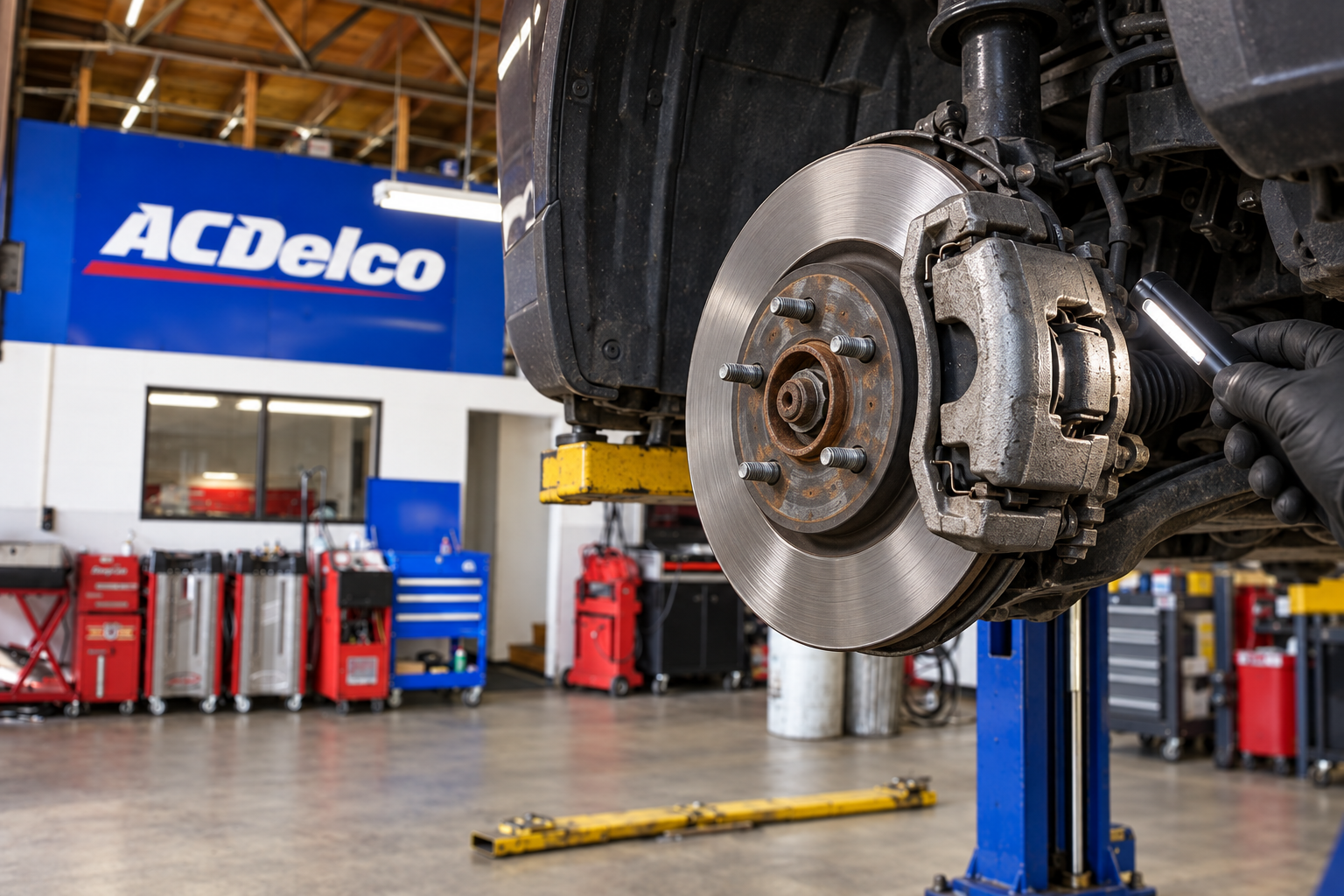 Brake rotor and caliper with the wheel removed for inspection