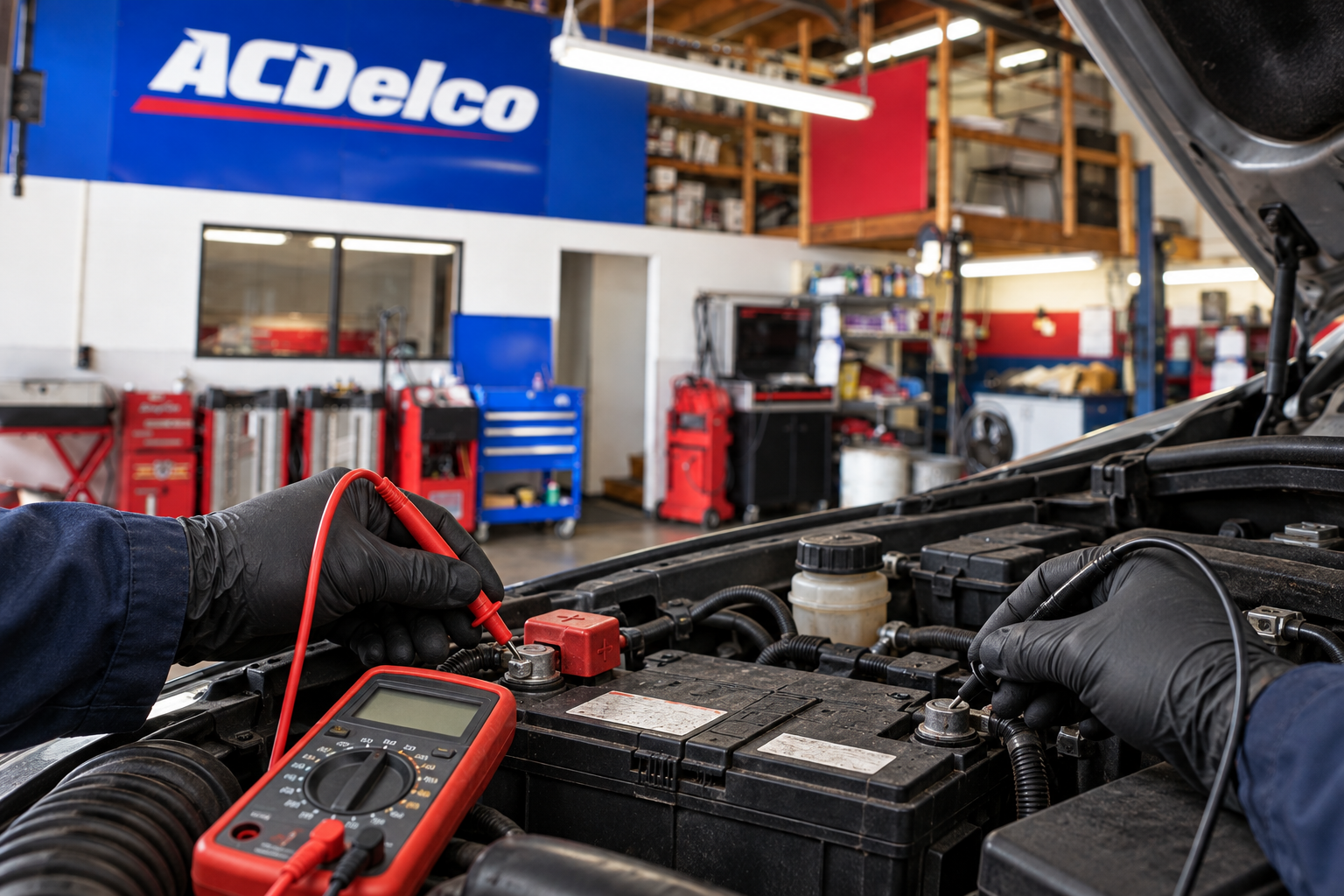 Multimeter probes being used at a vehicle battery