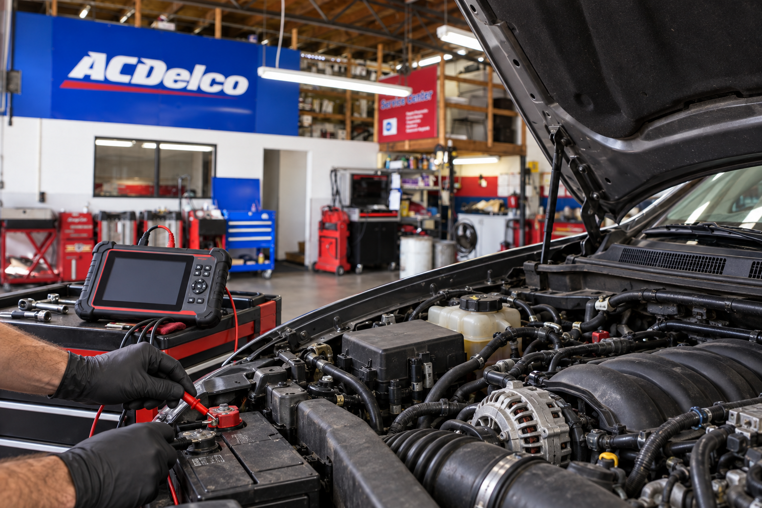 Open engine bay beside an automotive diagnostic scan tool