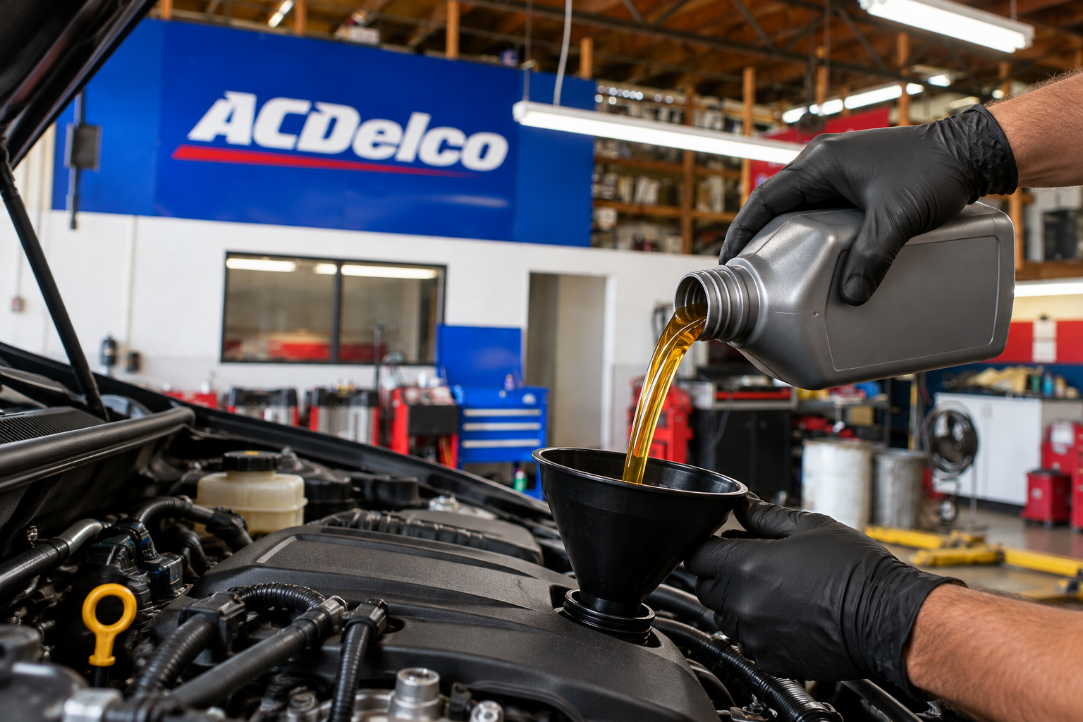 Motor oil being poured into an engine through a funnel