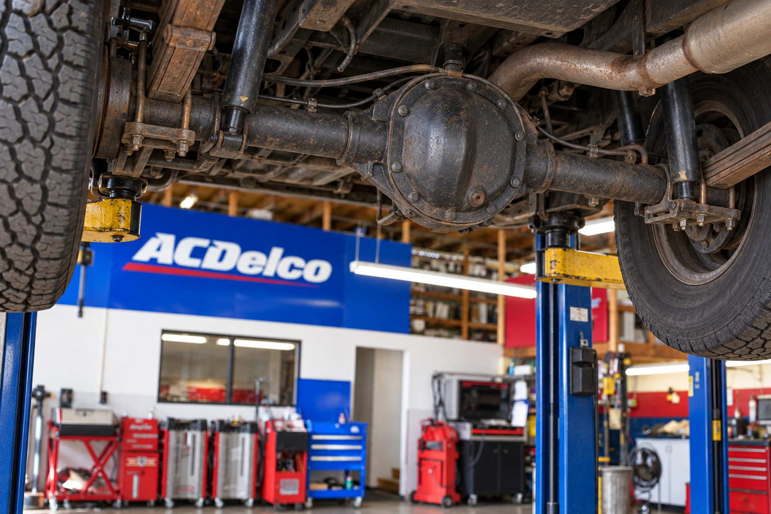Rear differential and axle underneath a pickup on a workshop lift