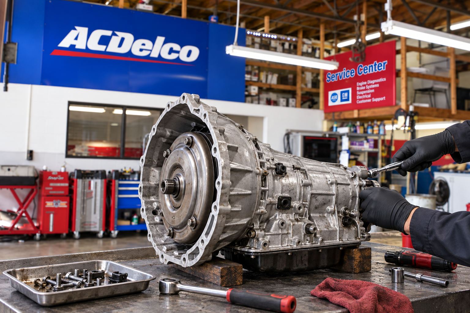 Automatic transmission on a workshop service bench