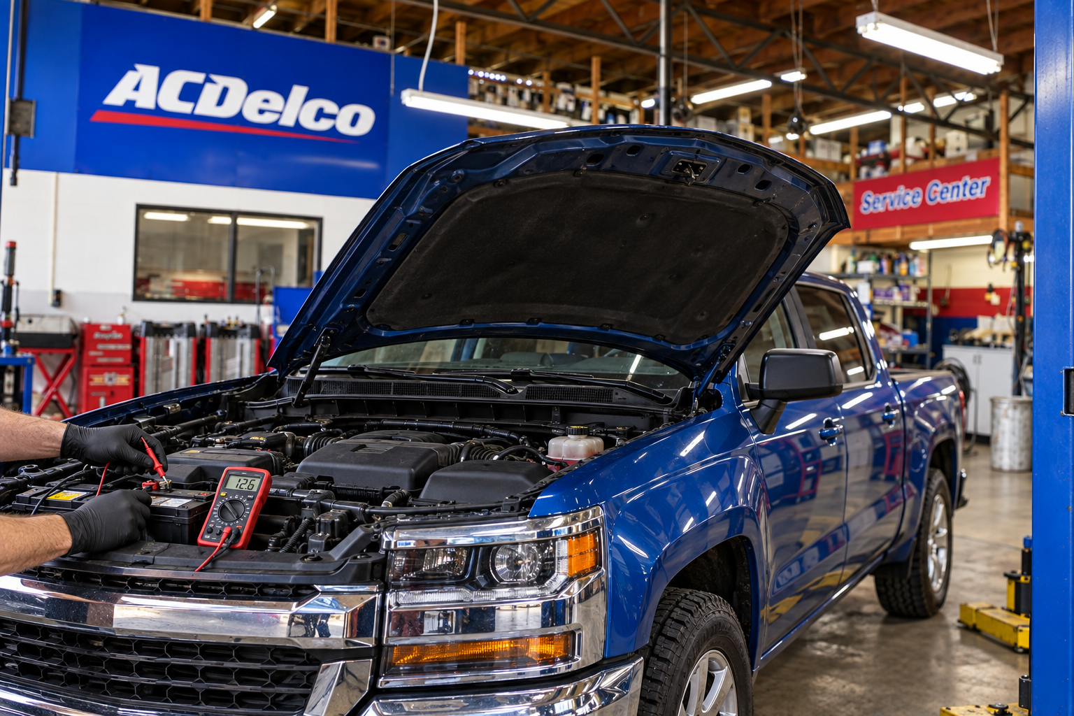 Blue pickup truck with its hood open inside an automotive workshop