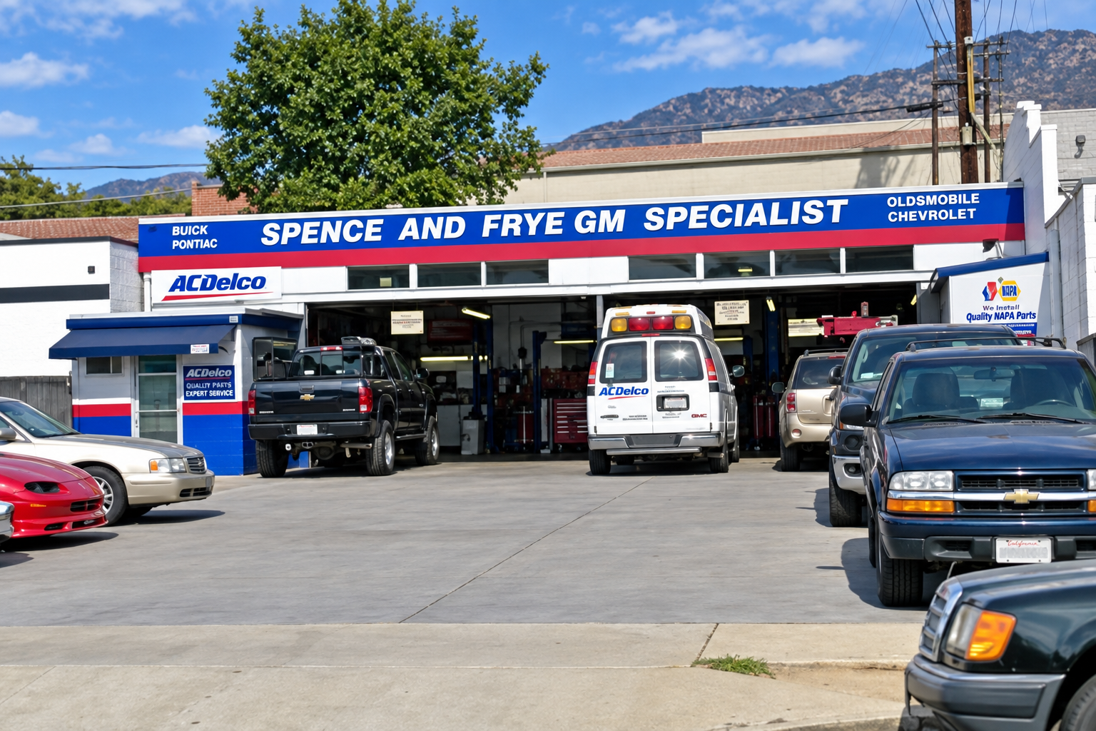 Spence and Frye GM Specialist storefront and service bays in Pasadena